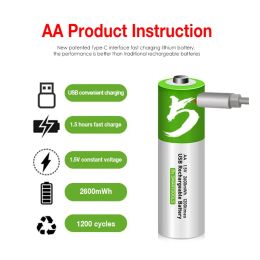 1.5V 2600mAh AA USB Lithium Rechargeable Battery For Remote Control Mouse Electric Toy Shaver Small Fan MP3+ TYPE C Cable