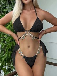 Women's Swimwear Sexy thong bikini set with chain buckle triangle swimsuit solid swimsuit beach suit 2023 womens swimsuit beach suit summer J240330