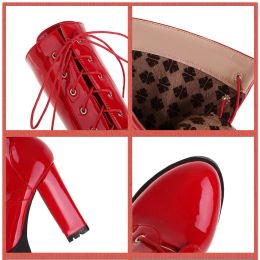 Female Motorcycle Boots Platform Chunky Heel Knee High Med Calf Boots 2023 New Arrivals Platform Chunky Heel Lace Up Red Black