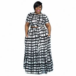 cm.yaya Women Plus Size Plaid Two Piece Set Fi Tie Up T-shirt and Maxi Skirts Matching Set Streetwear Vintage Outfits g73V#