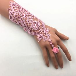 1pair Lace Pearl Rhinestones Bridal Gloves Bracelet Wedding Glove White Black Pink Bride Party Prom Jewelry Ring Wristband Glove