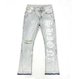 Men's Jeans 100% pure cotton mens foldable jeans with letter printed open hem denim pants heavy-duty tear on mens knees J240328