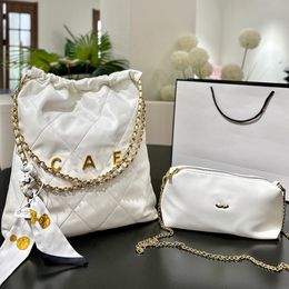 Large Capacity 22Bag Calfskin Designer Soft Leather Women Garbage Bag Gold Hardware Matelasse Chain And Print Silk Scarf Letter Decoration With Small Bag 30x27cm