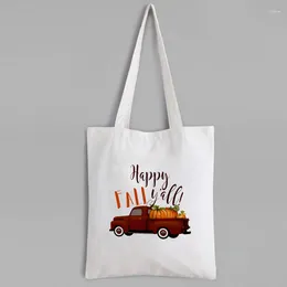 Shopping Bags Happy Fall Y'all! Canvas Bag Cartoon Vintage Truck With Pumpkins Eco Friendly Products Women Reusable