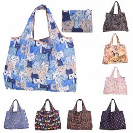 cat Panda Animal Fr Pattern Large Folding Shop Bag Easy to Carry Reusable Large Capacity Eco Storage Handbag Q1Ap#