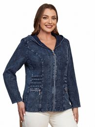 lih HUA Women's Plus Size Denim Jacket Autumn Chic Elegant Jacket For Chubby Women Round Neck Knitted Cott Jacket T2jR#