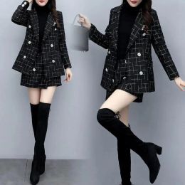 Houndtooth Plaid Coat und Shorts Set für Frauen, Wollblazer, lose Jacke, Vintage -Anzug, Herbst, Winter, neu, 2 PCs Set, 2023