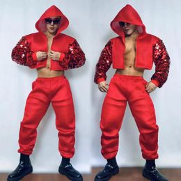 Stage Wear Hip Hop Clothes For Adult Male Clubwear Red Sequins Tops Pants Street Dance Costume Bar Gogo Dancer Performance Clothing