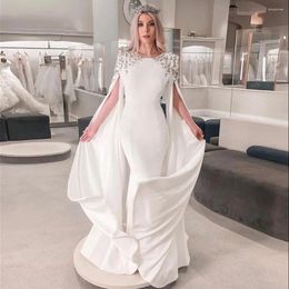 Party Dresses Cap Long Sleeve White Sppliques O-Neck Evening Dress Luxury Satin Floor Length CustoM Mermaid Formal Occasion High Quality