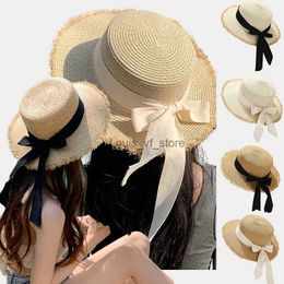 Wide Brim Hats Bucket Summer Classic Bow Tie Ribbon Straw For Girl Elegant Round Flat Roof Sun Hat Female Beach Fedora Panama Cap H240330