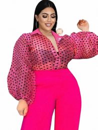 plus Size Tops Rose Turn Down Collar Lg Puff Sleeve See Through Organza Polka Dot Blouse Office Lady Evening Party Shirts Top 37Ky#