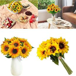 Decorative Flowers Artificial Sunflower Fake Flower Bouquet Simulation Sunflowers 7 Heads Garden Wedding Party Decor