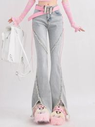 Letnie dżinsy vintage słodkie spodnie Kobiety szczupły koronkowe koreańskie swobodne spodnie Flare Pants Kobieta Japońska Francja Eleganckie otwarte jeansy widelec nowe