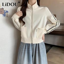 Women's Jackets Spring Autumn Stand Collar Loose Casual Zipper Jacket Lady Long Sleeve Patchwork All-match Outwear Women Cardigan Sweatwear