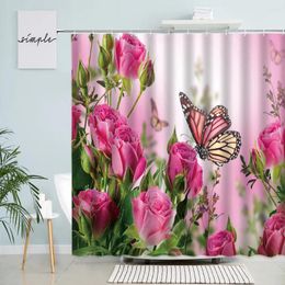 Shower Curtains Pink Rose Butterfly Nature Flowers Green Plant Spring Rural Floral Waterproof Fabric Bath Curtain Bathroom Decor