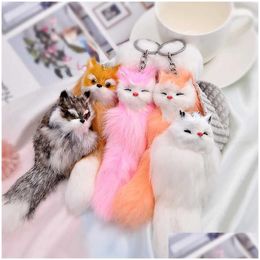 Keychains & Lanyards Fluffy Animal Cartoon Fox Keychain Cute Pendant Car Key Ring Chains Holder Bag Purse Ornament Women Jewelry Char Dhlrg