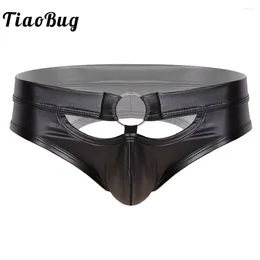 Underpants TiaoBug Men Black Faux Leather Low Rise Elastic Waistband Bulge Pouch Open BuSexy Bikini Briefs Male Gay Underwear