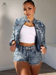 Women's Tracksuits Fashion Women Denim Outfits Embroidered Cross Jacket Spring Summer Y2K Street Slim Sexy 2 Two Piece Shorts Set 2024