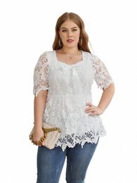 white Lace Blouse Shirt 2023 Summer Women Short Sleeve Lace Hollow Out Casual Ladies Tops Plus Size Women Clothing U51H#