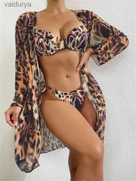 Women's Swimwear Sexy Thong Bikini 2024 Leopard Print Long Sleeve Kaftan Cover Up 3 Piece Swimsuit Push Underwire Beach Bathing Suit yq240330