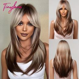 Wigs Grey Blonde Mixed Brown Highlight Synthetic Hair Wigs Long Straight Ombre Wig with Bangs for Women Natural Cosplay Layered Hair