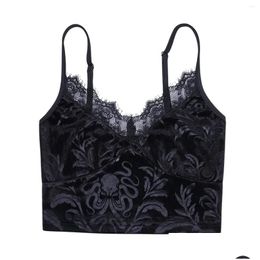 Womens Tanks Camis Women Casual Y Camisole Black Floral Lace Hem V-Neck Sleeveless Gothic Crop Tops Ladies Tank Skinny Clubwear Drop D Ot41Q