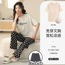 Home Clothing 3PCS/Set M-2XL Summer Short Sleeve T-shirts With Padded Bra Shorts Women's Pyjamas Pants Cotton Sleepwear Pijama Mujer