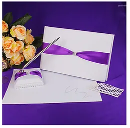 Party Decoration Purple Color Wedding Guest Book And Pen Set Satin Polyester Ribbons For Supplies