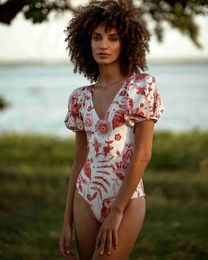 Women's Swimwear Pink Printed V-Neck One Piece Swimsuit Short Puff Sleeves Elegant Bikini High Waist Slim Sexy Backless Beachwear Push Ups 2024 yq240330