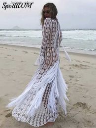 Basic Casual Dresses Crochet Hollow Out Splicing Tassels Maxi Dress Sexy Women Flare Slve Lace Up Vestidos 2024 Summer Lady Chic Beach Holiday Robe T240330