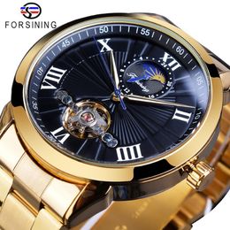 Forsining Men Stainless Steel Tourbillion Design Black Moon Phase Dial Mens Automatic Mechanical Wrist Watches Top Brand Luxury327D