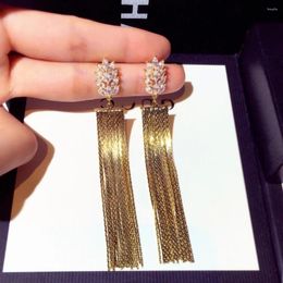 Dangle Earrings S925 Silver Needle Vintage Gold Colour Bar Tassel With Zircon Flower Temperament Fashion Wedding Jewellery For Women 2024