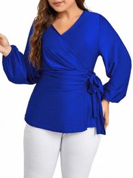 gibsie Plus Size Solid V Neck Wrap Tie Side Peplum Blouse Women Fi Spring Fall Lantern Lg Sleeve Work Blouses Tops 2023 F93W#