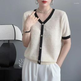 Women's T Shirts Summer Jacquard Fashion V-neck Pullover Ice Silk Short Sleeve T-shirt Women Panelled Patchwork Button Knit Screw Thread