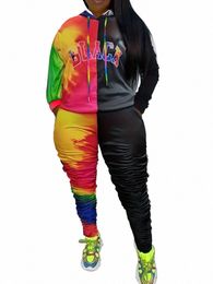 lw Plus Size Women Casual Autumn&Winter Tie Dye Letter Print Hooded Collar Lg Sleeve Mixed Colour Tracksuit Two Pieces Set F5RB#