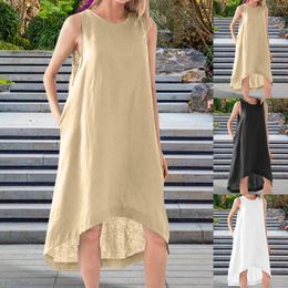 Casual Dresses Cotton Commuting For Women Comfortable Solid Colour Round Neck Sleeveless Irregular Long Dress Vestidos Para Mujer