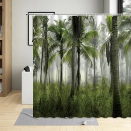 Shower Curtains Green Plants Scenery Bathroom Beach Coconut Tree Curtain Waterproof Polyester Bathtub Decor Screen With Hooks