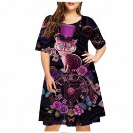 2023 Summer Vintage Clock Print Dr Women Funny Cat Short Sleeve Loose Dr Casual O-Neck Ladies Plus Size Dr 6XL Clothing 41Ev#