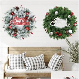 Decorative Flowers Wreaths 35Cm Christmas Wreath Simation Flower Vine Ring Pine Cone Ornaments Tree Decoration Door Window Arrangement Dhq1I