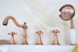 Bathroom Sink Faucets Antique Red Copper Brass Widespread Deck-Mounted Tub 5 Holes Three Handles Basin Faucet Tap Hand Spray Mtf217