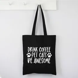 Shopping Bags First Coffee Printed Canvas Black Mom Life Women Shoulder Reusable Shopper Student Book Letter