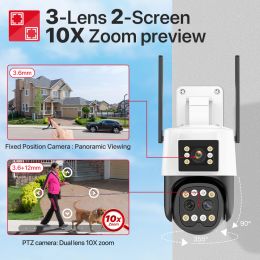 4K HD Wifi IP Camera Outdoor 10X Zoom PTZ Camera Three Lens Dual Screen Auto Tracking Security CCTV Video Surveillance Cam Camhi