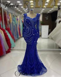 Runway Dresses Royal Blue Elegant Celebrity Mermaid Crystals Full Sleeves Evening Party Vestidos De Noche Pography