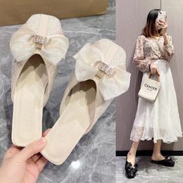 Casual Shoes Baotou Half Slippers External Wearing Women's 2024 Summer Fashion Bow Knot Flat Bottom Water Diamond Muller Sandals