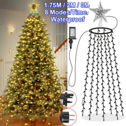 8 Modes Timer LED Christmas Tree Waterfall Lights with Star Topper Memory Twinkle Garden Holiday Lighting Christmas Decorations