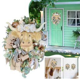 Decorative Flowers Creative Adorable Cow Wreath 16 Inch Spring Decoration With Lanyard For Front Door Autumn Wreaths Outside Decors