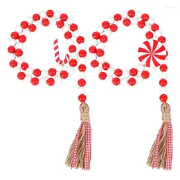 Party Supplies SV-Christmas Wooden Bead Wreath With Tassels And Candy Canes Pendant For Christmas Farmhouse Wall Hanging Ornaments