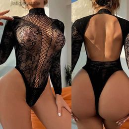 Sexy Set Open Back Lace Sheer Long-sleeved Bodysuit Summer Sunscreen Breathable Tops Siamese Fishnet T-shirt Body Socks For Women Tights Y240329