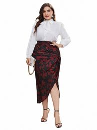 add Elegant Plus Size Women's Pencil Skirts 2022 Autumn Floral Hem Side Slit Pleated Decorati Waist Slim Fit Female Skirt F027 51v3#