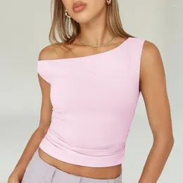 Women's Blouses Women Summer Vest Skew Collar Sleeveless Pullover Tops Solid Colour Slim Fit Asymmetrical Neckline Camisole